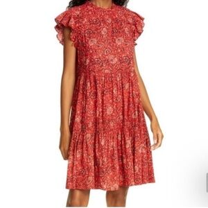 Ulla Johnson / Hana floral high neck ruffle Dress in red poppy mini 0